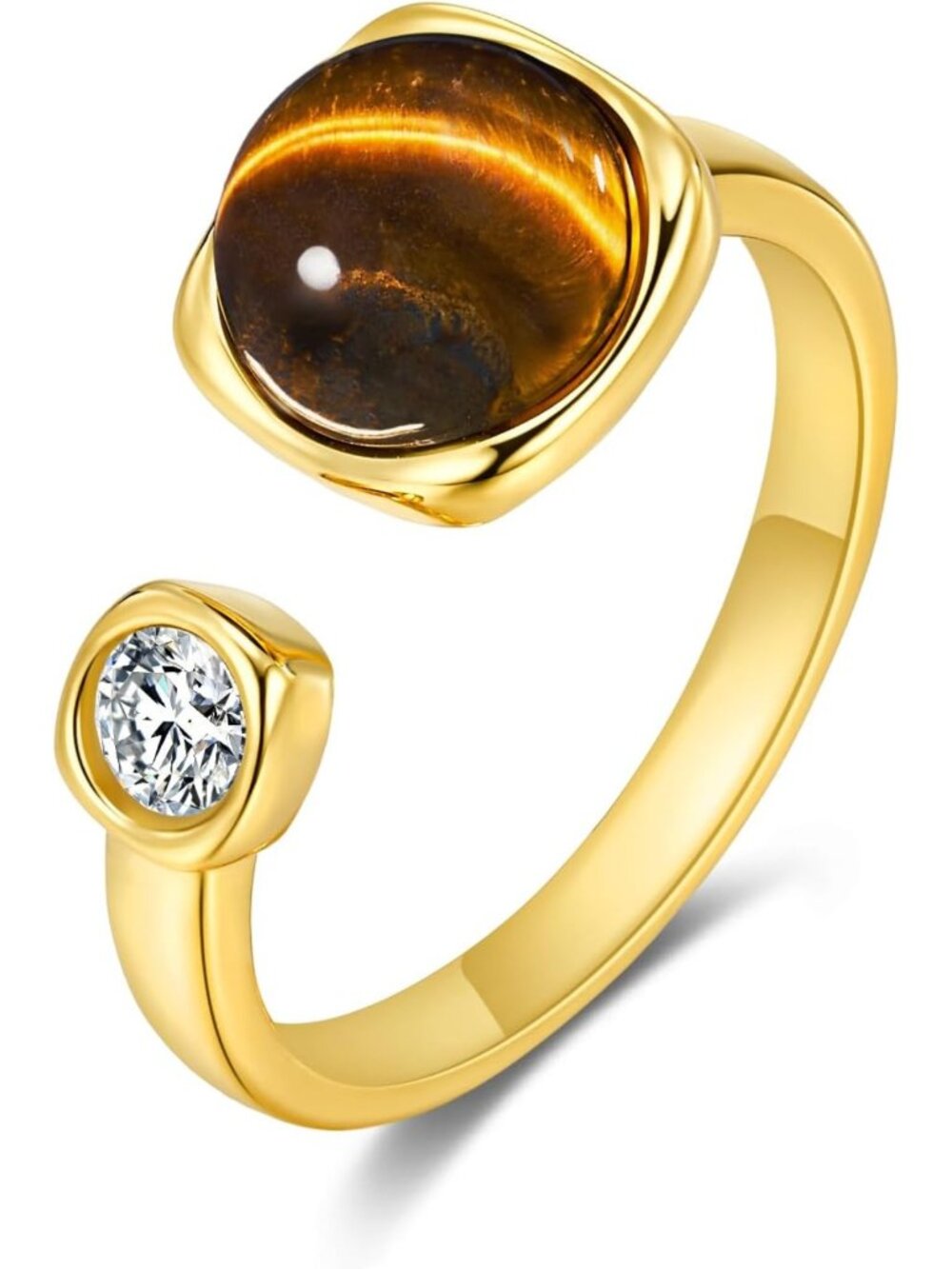 18K Gold Plated Adjustable Open Ring with Natural Stone & CZ - Boho Stackable